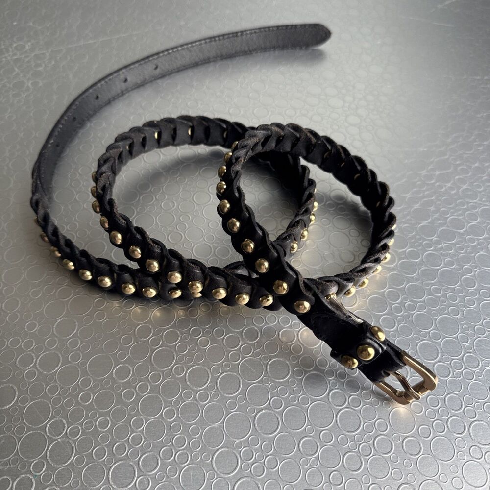 Vintage Black Leather Skinny Studded Braided Belt Western Boho Rocker - Size 38